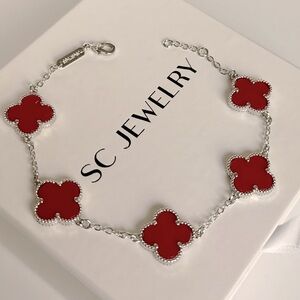 Red Clover Bracelet Double Sided Silver Tone Chain 5 Motif